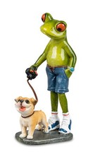 Frosch Mann mit Hund Bulldogge Deko Tier Figur Skulptur Lurch Froschk&ouml;nig Gecko