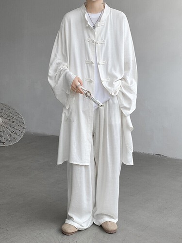 Hombres Abrigo Largo de Verano Hanfu Vestido Taoísta Bata Lino Ropa Traje Suelto Prendas para el torso + Pantalones - Imagen 5 de 18