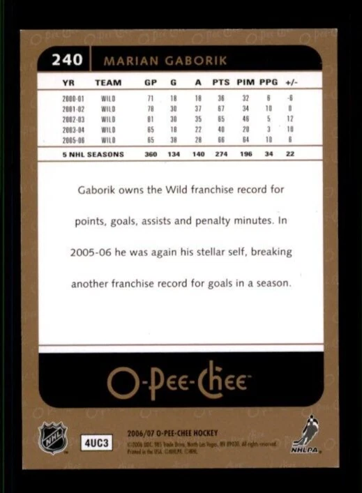 2006-07 O-Pee-Chee Rainbow #240 Marian Gaborik 015/100 - Image 2 of 2