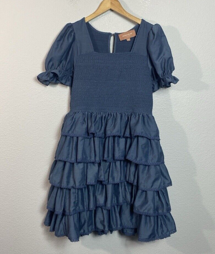 JessaKae Blue Ruffle Dress Medium Mini Stretch Short Sleeve Girlie ...