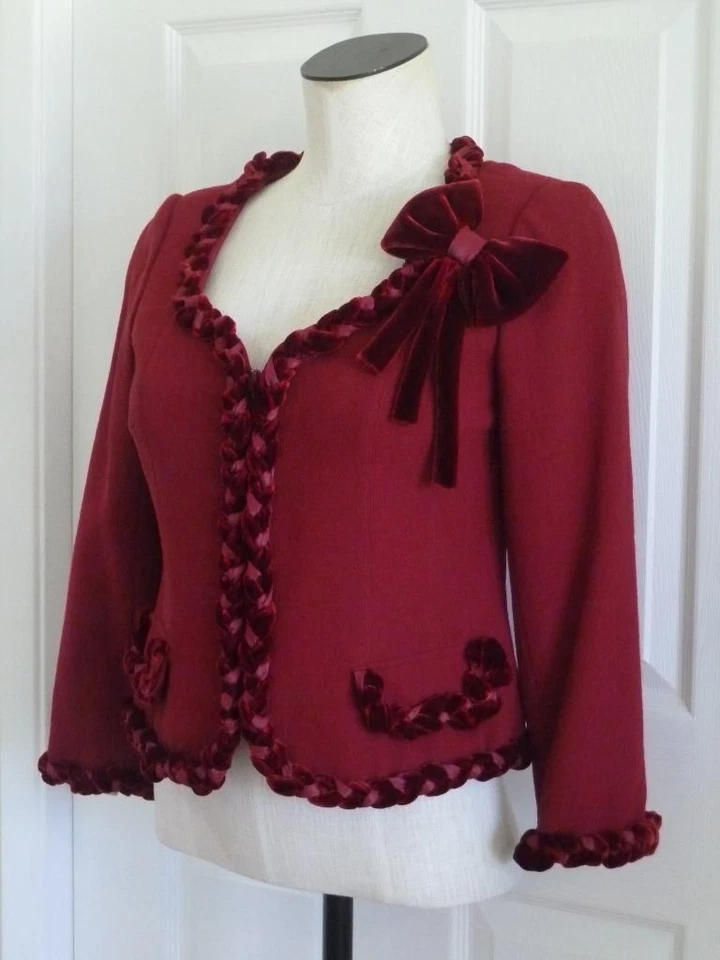 NUEVO CON ETIQUETAS Rickie Freeman Teri Jon Lana Vino Terciopelo + Borde Trenzado Satinado + Chaqueta de Arco 6 $495 Foto 4 de 4