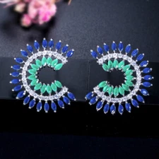 Blue Green CZ Stone Half Round Big Leaf Stud Earrings for Women Summer Party