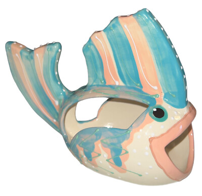 Fish Art Nautical Pottery Open Mouth Glazed Pink Blue Decorative Napkin Holder