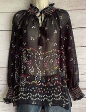 CAbi Enjoy Blouse Top sz XS Blue Floral Paisley Sheer Style 5784
