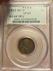 1922 NO D WEAK REV OGH PCGS VF20 Lincoln Cent