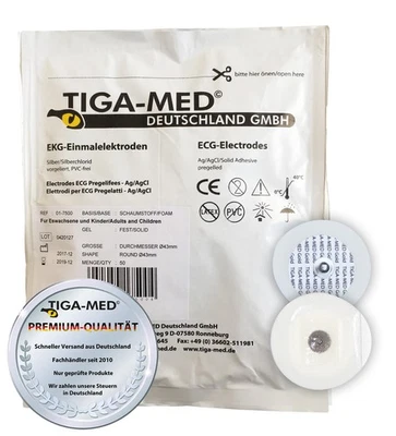 TIGA-MED Disposable ECG Electrodes with Solid Gel 100 Pieces (2 x 50) Diameter 43 mm Made