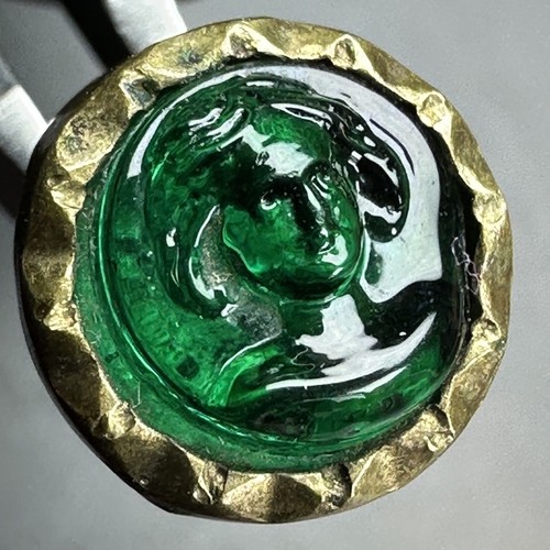 Antique Victorian Green Glass Intaglio Button Neoclassical Roman Head Small 9mm