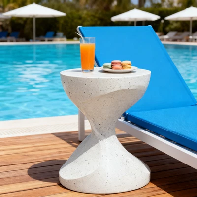 Side Table Modern Art Deco Indoor/Outdoor Accent Table Cream Terrazzo Finish - Image 1 of 4