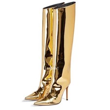 Women's Metallic Mirror Patent Leather High Heel Knee Stiletto High Boots Zip Up