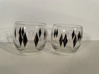 Vintage MCM Roly Poly Glasses Black Gold Atomic Diamond Lowball Set 2 MidCentury