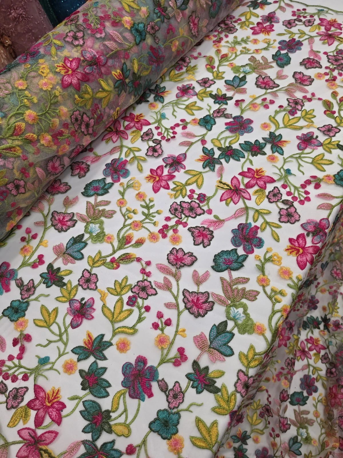 Fabric By The Yard Multicolor Lace Pink Fuchsia Embroidery Flowers On White Mesh - product detail image 13