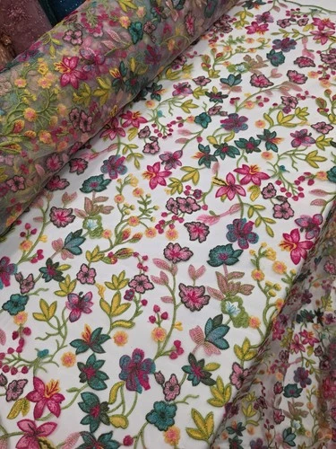 Fabric By The Yard Multicolor Lace Pink Fuchsia Embroidery Flowers On White Mesh image 13