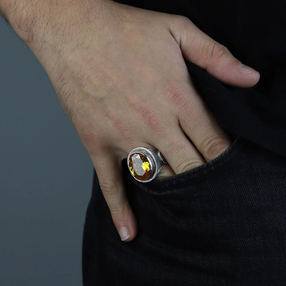 Anillo de plata 925 grabada con piedra citrina para hombre Foto 4 de 4