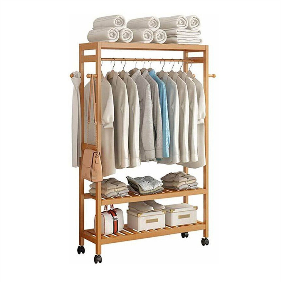Heavy Duty Wooden Clothes Rail Rack Garment Hanging Stand Corner Open ...