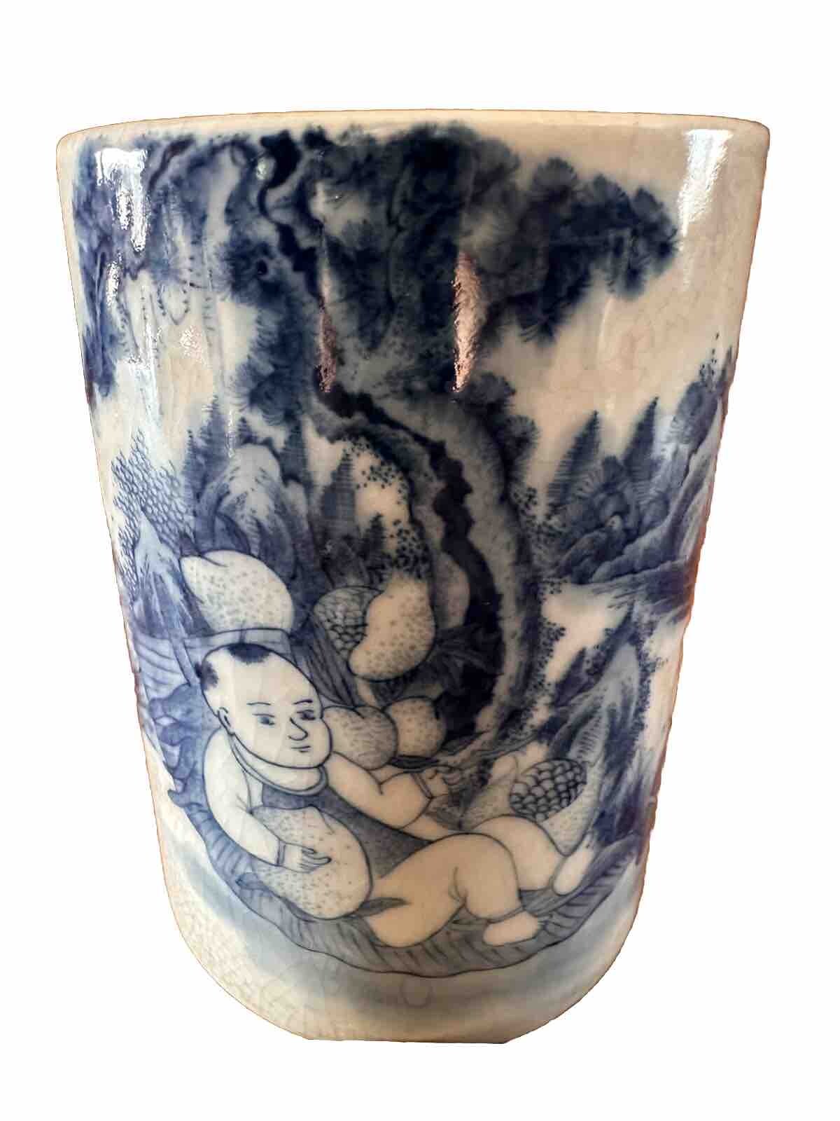 Vintage Chinese Brush Pot, Happy Father & Children, Signed, Crazing