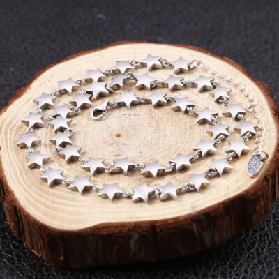 Pure S925 Sterling Silver Chain Women 5mm Five Star Link Necklace 24-25g 16-18in