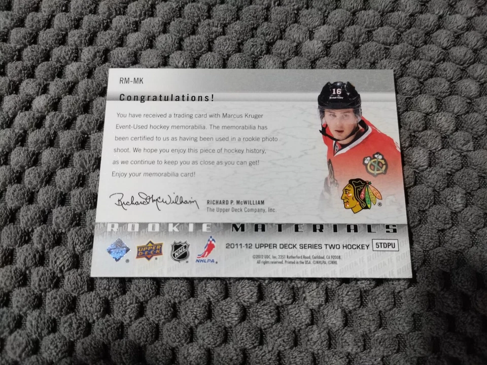 marcus kruger 2011/12 upper deck rookie jersey patch blackhawks #RM-MK - Image 2 of 2