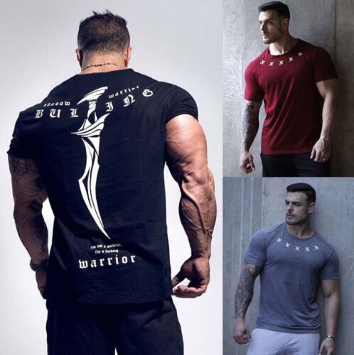 Herren Fitnessstudio Muskeln Bodybuilding Baumwolle Sport Passform Fitness Freizeit T-Shirt Tops - Bild 1 von 29