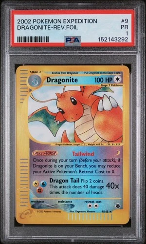 2002 POKEMON EXPEDITION 9/165 DRAGONITE-REVERSE FOIL - PSA 1
