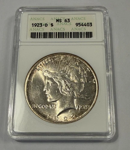 1923-D Peace Silver Dollar ANACS MS63 in Soapbox Holder