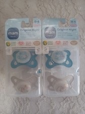 2X MAM Original Night Orthodontic Glow in Dark Pacifiers 0-6 M Nipple Blue Beige
