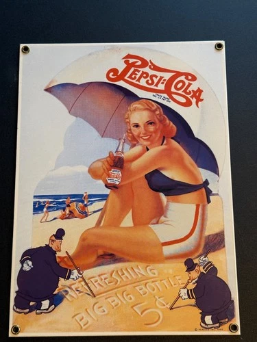 Pepsi:Cola Beach Girl Ande Rooney Porcelain Heavy Steel Sign 11.25x8.75 Vintage