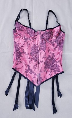 VTG Shirley of Hollywood Satin Bustier Size 34 Corset Pink Black MADE IN USA