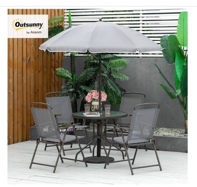 Outsunny 6-teilige Terrassen-Essgruppe mit Gartenschirm 4 Klappstühle, grau