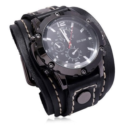 New Wide Leather Watch Cuff Band Brown Wrist Black Strap Punk Retro Quartz Mens
