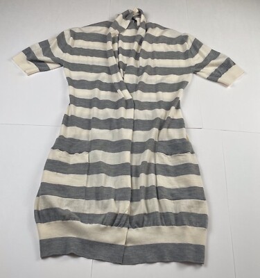 AKRIS Punto Wool Long Cardigan Bone White Gray Striped Size 10 NWOT