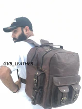 16" Five Pocket Leather Vintage Messenger Backpack Sholder Rucksack Travel Bag 