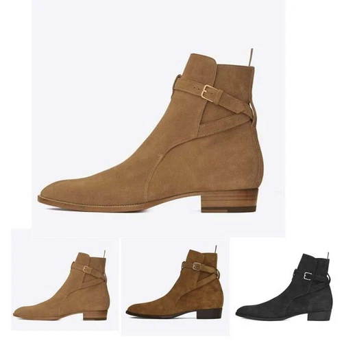 British Men Casual Pointy Toe Buckle Real Leather Suede Ankle Chelsea Boot Shoes - Picture 9 of 17
