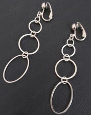 CLIP ON 3"long SILVER FASHION multi HOOP EARRINGS oval drop TRIPLE HOOPS retro