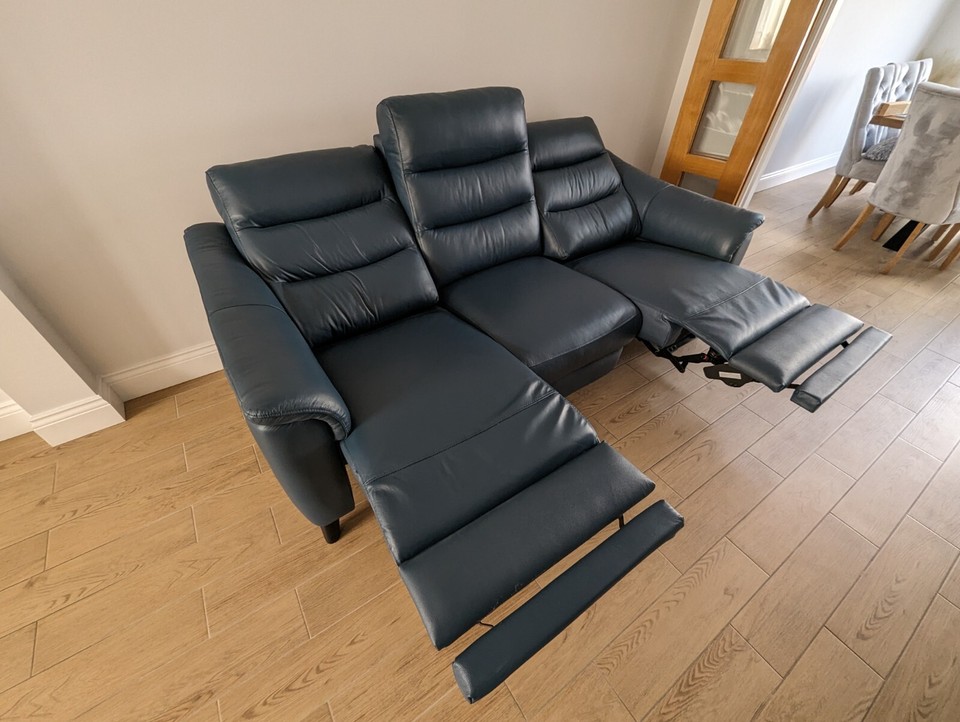 Harveys Blue Leather Reclining Sofa 3Seater Excellent Condition eBay