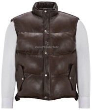 Men's Puffer Leather Waistcoat Brown Padded Lambskin Leather Casual Vest Style