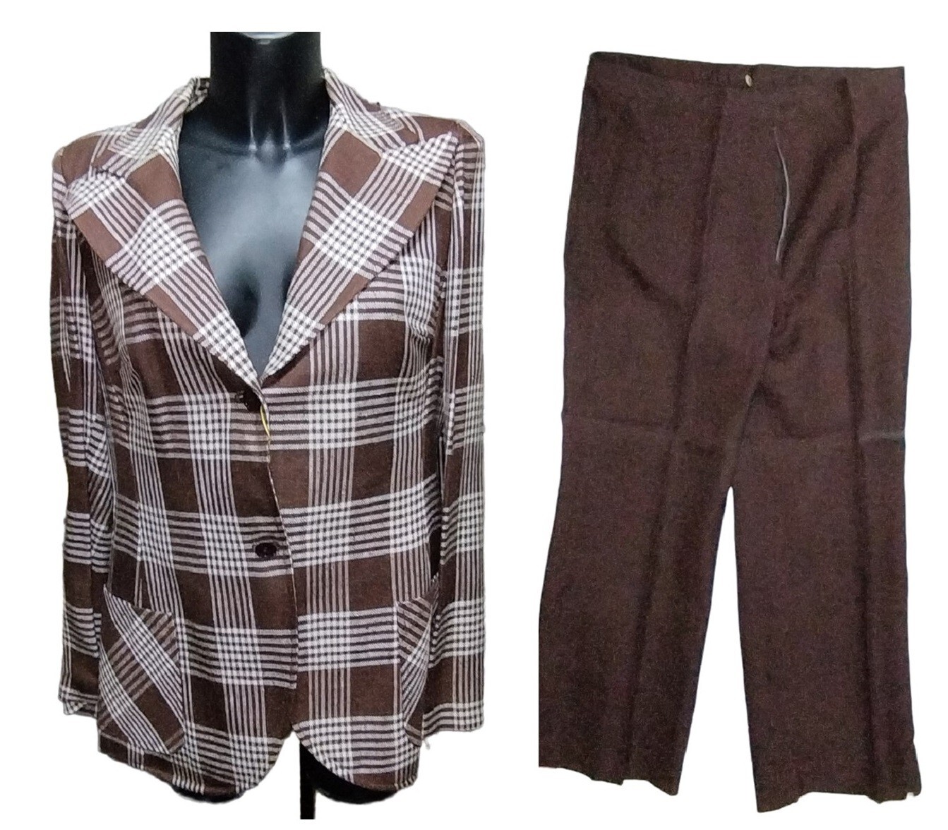 Completo Mujer Verano sin Forro Mixto Lino Marrón Chaqueta Cuadros Mitad Años 70
