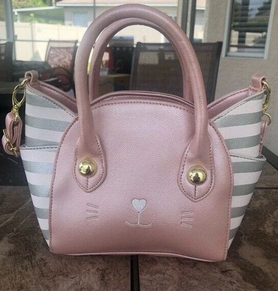 Bolso Bandolera Luv Betsey Johnson Katt Cara de Gato Cartera Rosa Gris Rayas