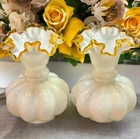 Vintage Fenton Art Glass Gold Crest Ruffled Melon Vase 8.25” Set Of Two