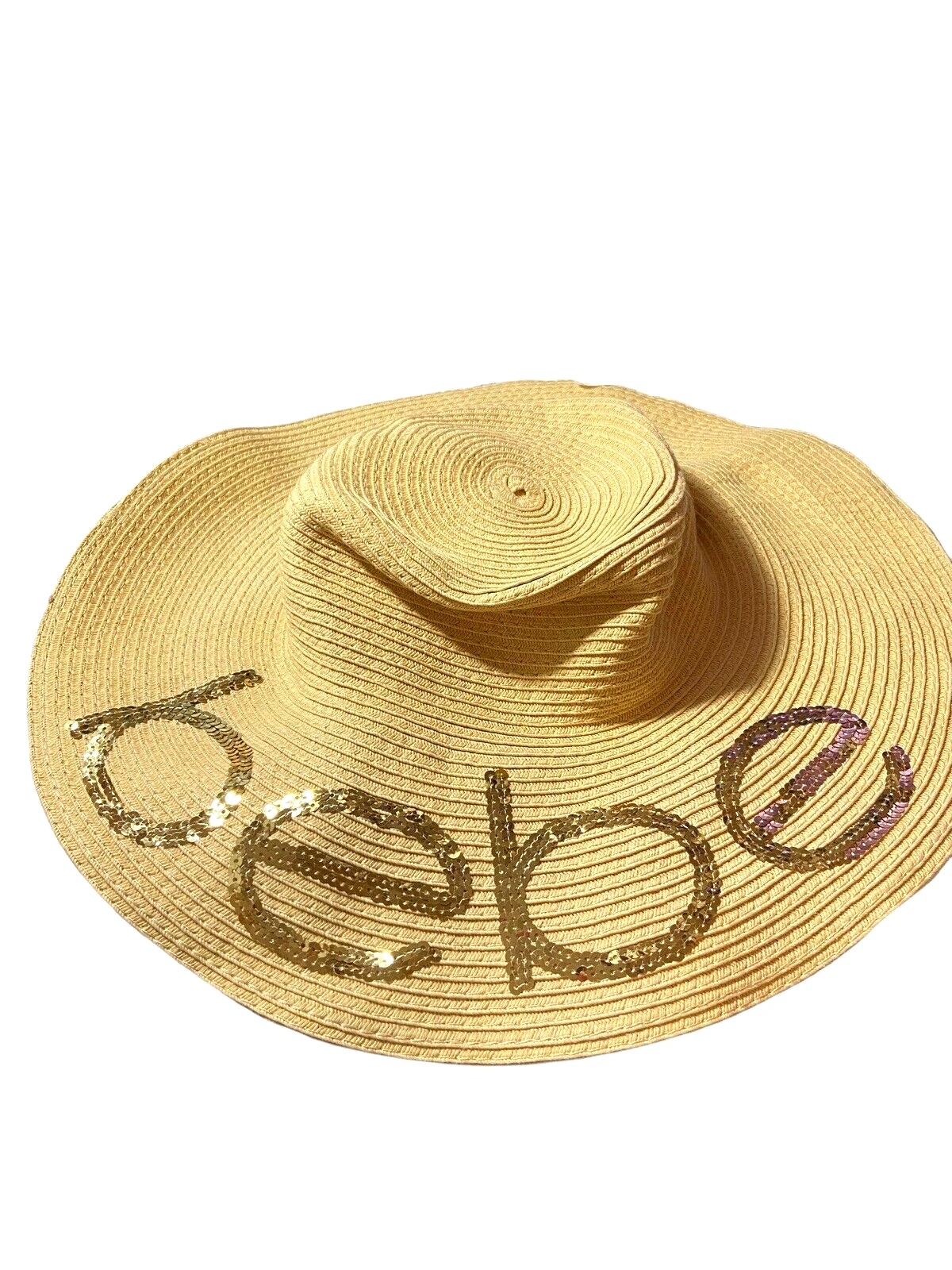 BEBE WIDE FLOPPY BRIM SUN HAT, POLY STRAW, GOLD SEQUIN LOGO, PACKABLE, OS