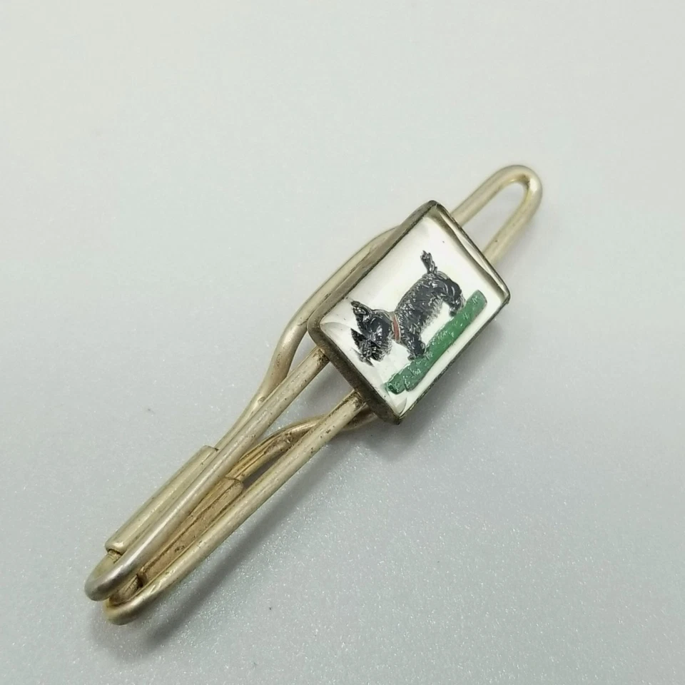 Vintage Black Dog Tie Clip Reverse Painted Molded Glass Scottie Terrier - Image 4 of 4