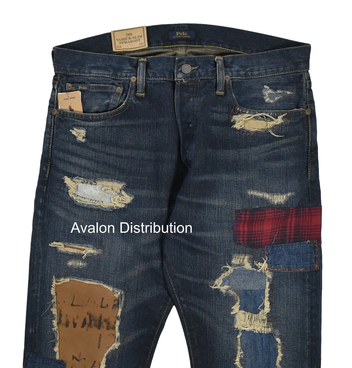 Polo Ralph Lauren Édition Limitée Varick Slim Réparé Patchwork Jean Neuf |  eBay