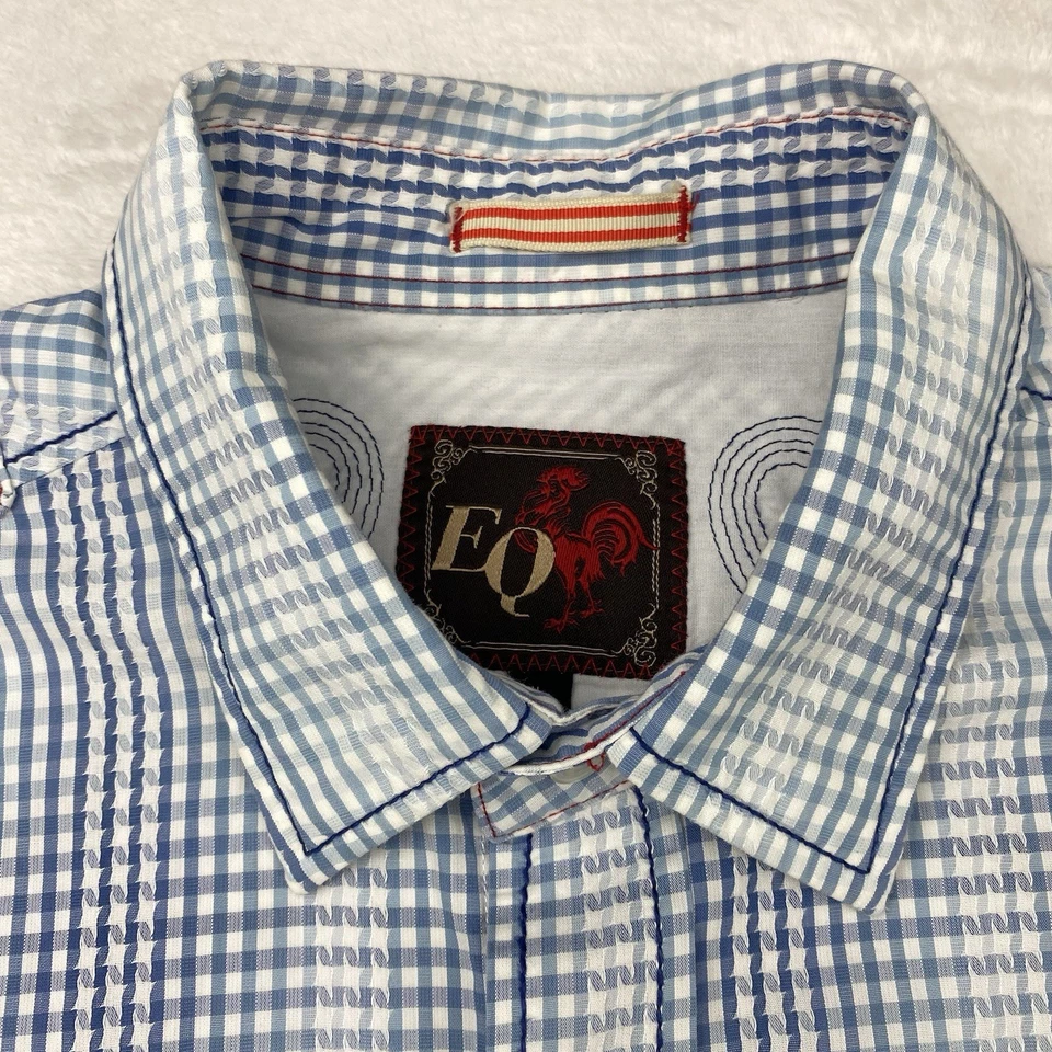 EQ ROOSTER Shirt Mens XL Blue/White Checks Embroidered Long Sleeves - Image 3 of 4