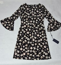Tommy Hilfiger Black White Floral Shift Dress Womens Bell Sleeve 3/4 Size 2