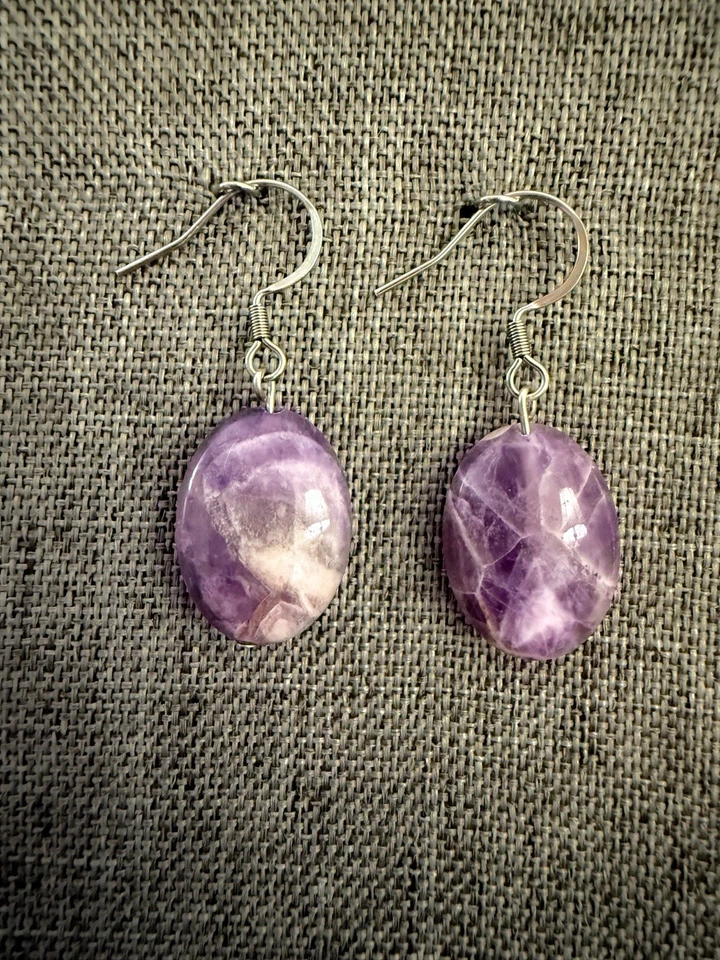 Brincos Houndstooth de ametista natural aço inoxidável gancho francês joias do sudoeste - Imagem 2 de 4