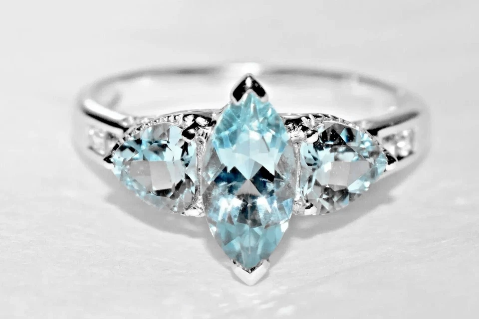 Anillo Santa María Aguamarina y Morganita Oro Blanco 9ct Racimo (2.80g) Talla N/7 Foto 2 de 4