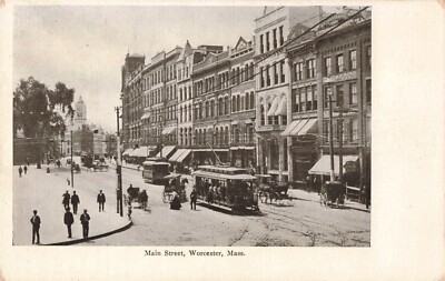 Main Street Worcester MA Trolley Cars Horse Buggies c1902 Postcard A64