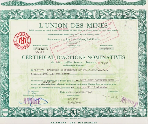 L'UNION DES MINES - CERTIFICATE OF REGISTERED SHARES - 1960 - FRANCE