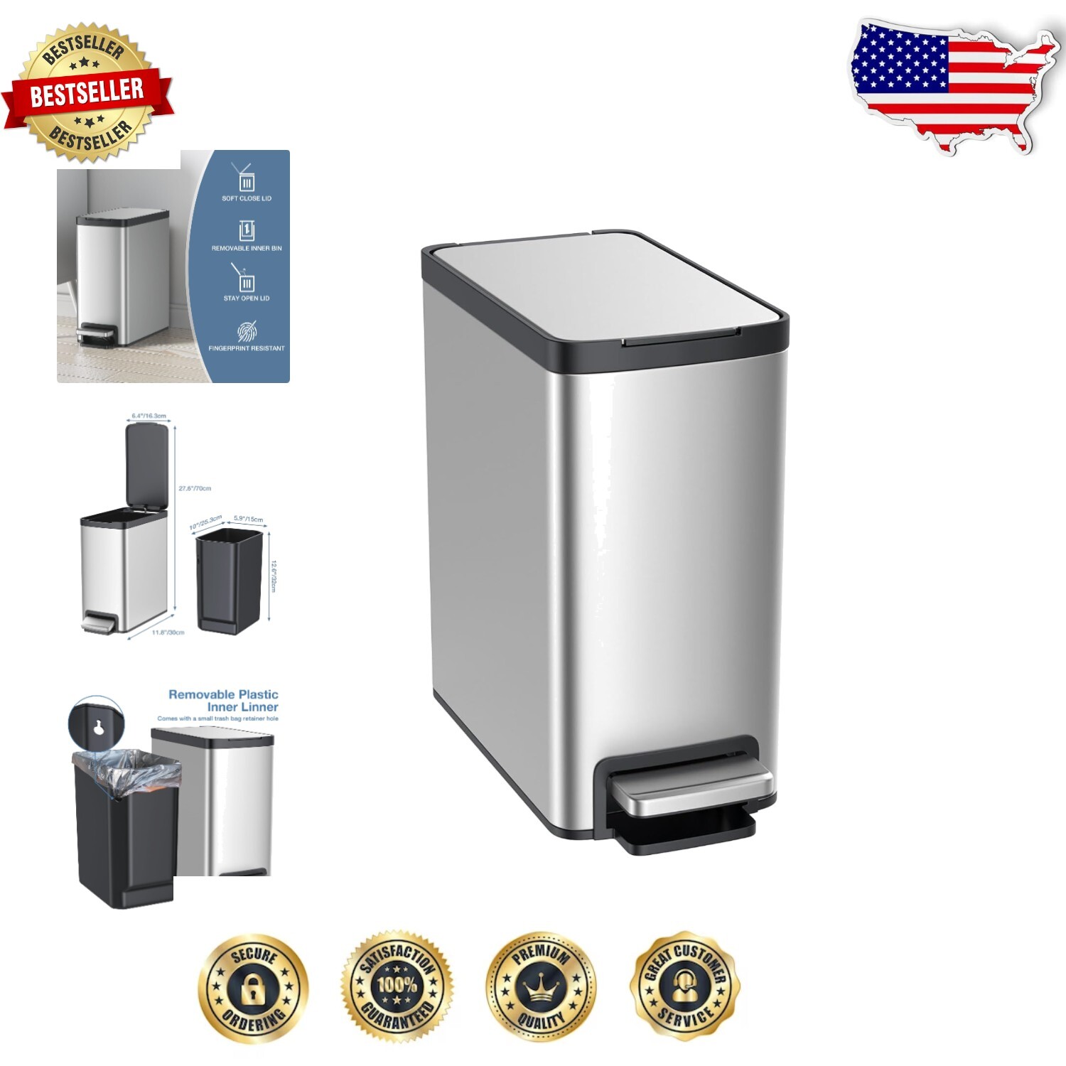 Compact 2.6 Gallon Rectangular Trash Can with Quiet Close and Removable Basket