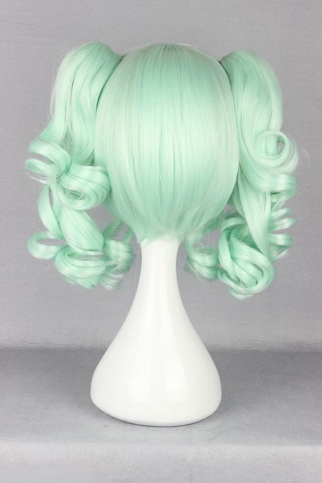 Peluca de pelo de anime cosplay cola de caballo mediana rizada verde hielo para mujer Foto 4 de 4