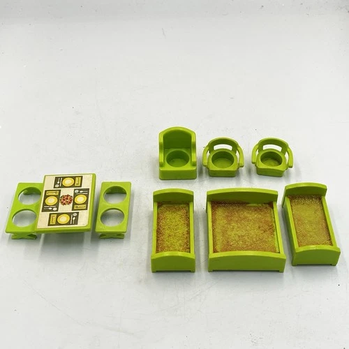 Vintage Fisher Price Little People 9 PC Lime Green Furniture Picnic Table Beds